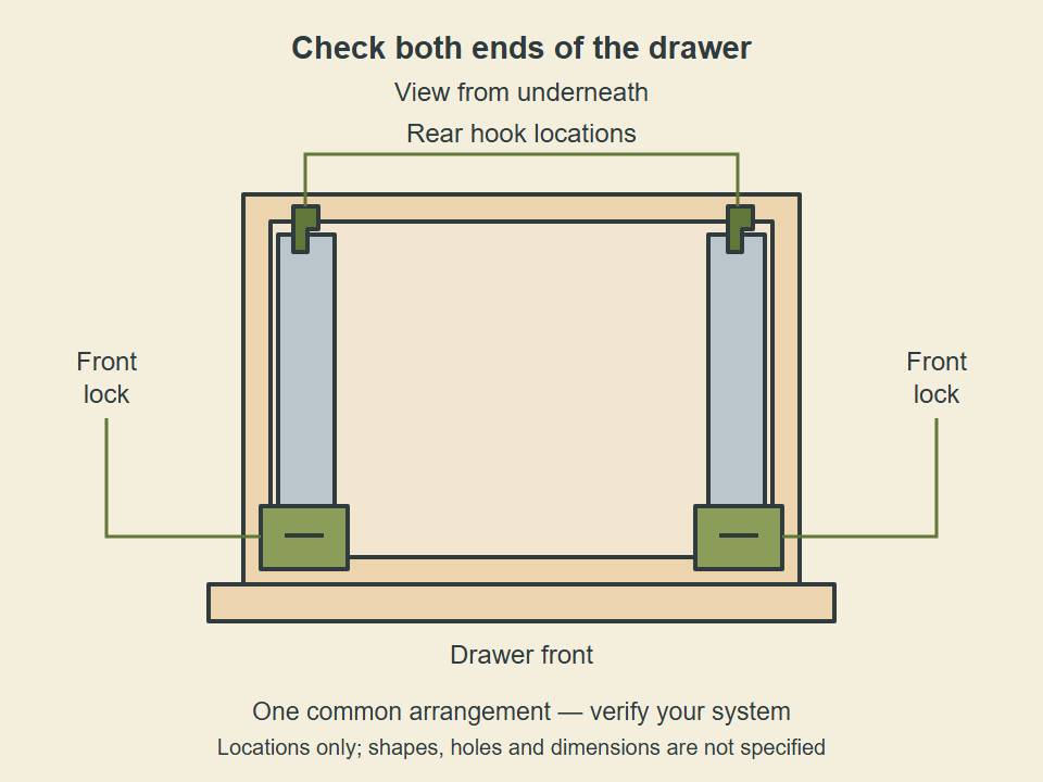 Conceptual underside view of a wooden drawer on two concealed runners, with front locking locations and rear hook engagement locations identified separately.