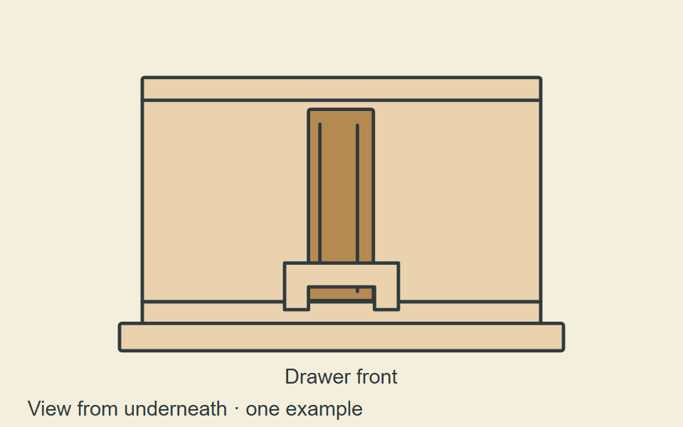 Underside schematic of a wood runner engaging a wood guide, without metal slides.